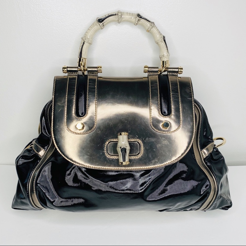 Gucci Black Dialux Ivory Pop Bamboo Handle Bag